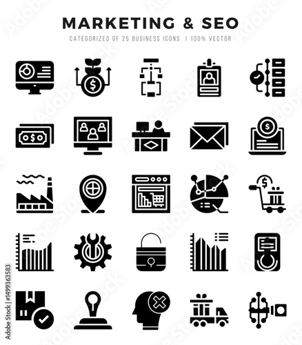 Vector Marketing & SEO types icon set in Glyph style. vector illustration.