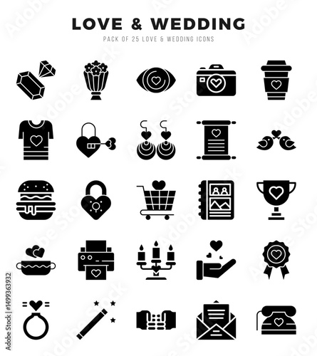 Set of Glyph Love & Wedding Icons. Glyph art icon. Vector illustration