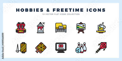 10 Hobbies and Freetime Lineal Color icons pack. vector illustration.