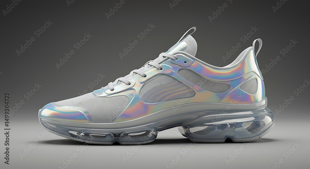 Stylish iridescent running shoe design with transparent sole showcasing modern athletic footwear technology and innovative style Stylish iridescent running shoe design with transparent sole showcasing modern athletic footwear technology and innovative style