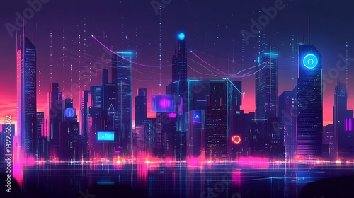 Designer creates neon cityscape with digital elements for futuristic metropolis at sunset blending vibrant colors and advanced technology concept.