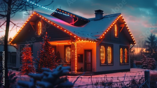 Snowy house decorated for Christmas