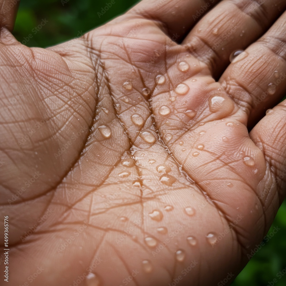 Fototapeta premium Close-up of a Brown Hand with Water Drops