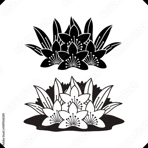 Two Nageshwar Flower vector - Layered Petal Structure, Slender Stem, and Elegant Leaf Arrangement in Intricate Line Art.eps