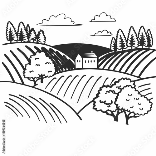Vector illustration sketch of a rural landscape with a farm house and mountains, depicting nature and village life