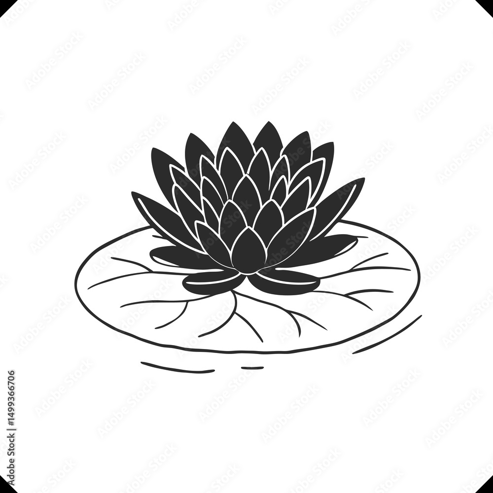Fototapeta premium Water Lily vector - Elegant Floating Flower with Layered Petals, Broad Leaves, and Graceful Line Art Composition.eps