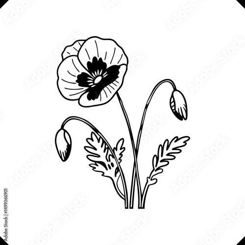Stylized Poppy Flower silhouette vector - Layered Petal Design, Textured Details, Thin Stem with Central Marking.eps