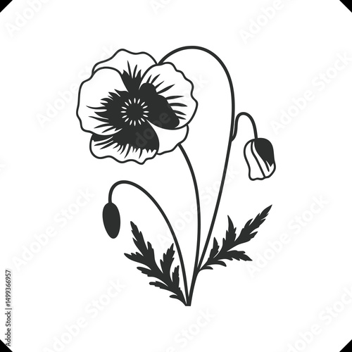 Stylized Poppy Flower vector - flower vector, Layered Petal Structure, Textured Details, Elegant Thin Stem Design.eps