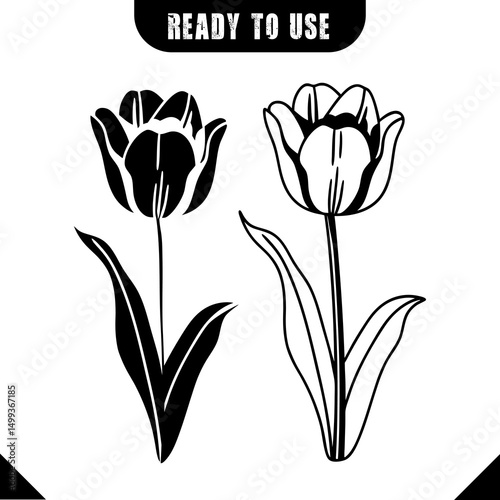 Two Tulip silhouette vectors - black and  white, Leaves Each, Distinct Line Detail in Petals.eps