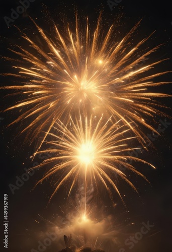 Golden fireworks burst in vibrant, wide angle view  Blazing, energetic spectacle ,  flash,  summer,  majestic