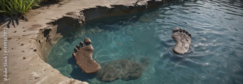 Clear pool water with muddy footprint and splash , Footprint, background