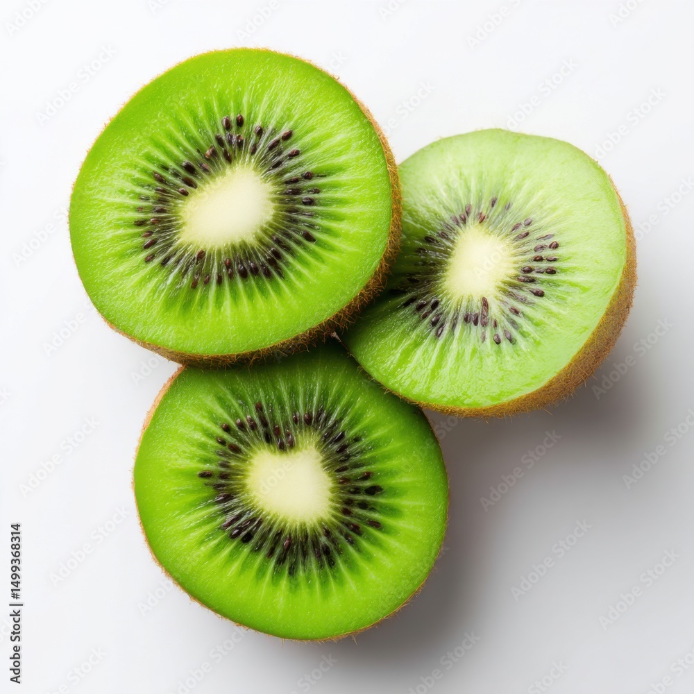 Fototapeta premium Diagonally sliced fresh kiwi, vibrant green and seeds visible, placed on white background