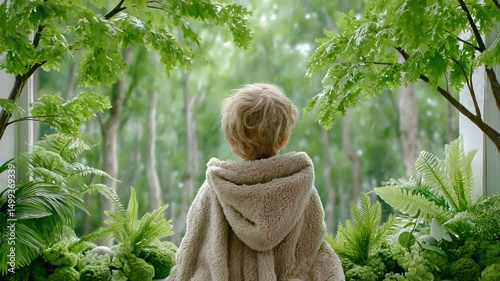 Rainy Childhood Nostalgia child wrapped in cozy blanket watching rainy forest, peaceful moment of childhood in green season, indoor nature calm inspiration Indoor Green Mindfulness

