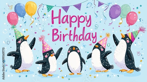 Festive penguins celebrating a birthday