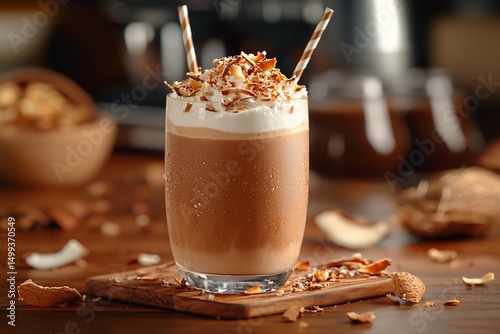 Iced coffee drink with whipped cream and nuts