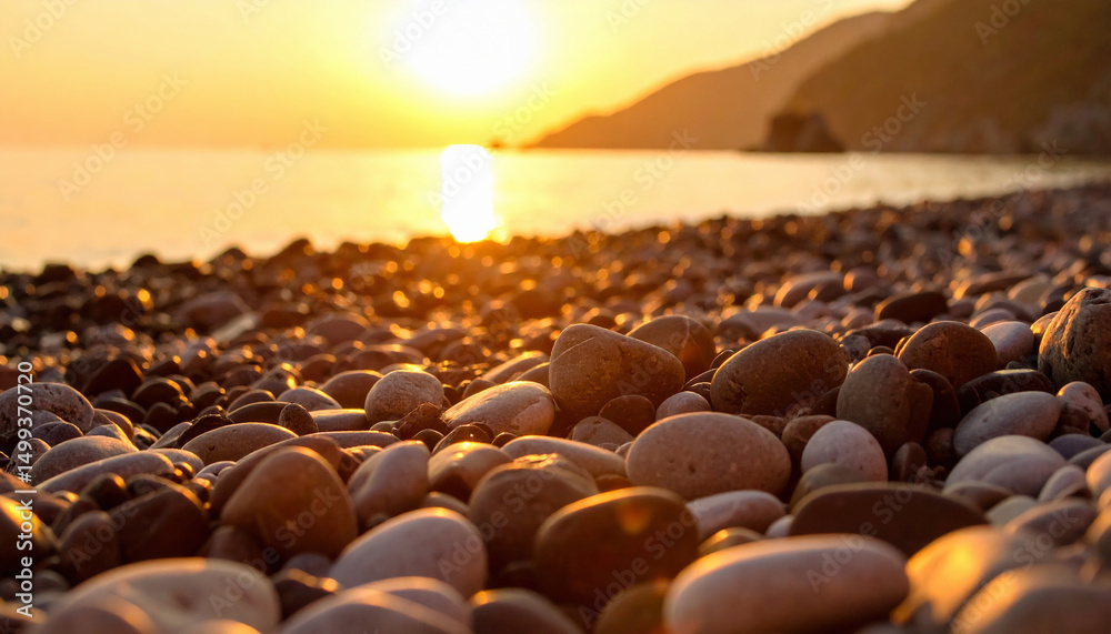 Obraz premium pebble beach illuminated by the sunset