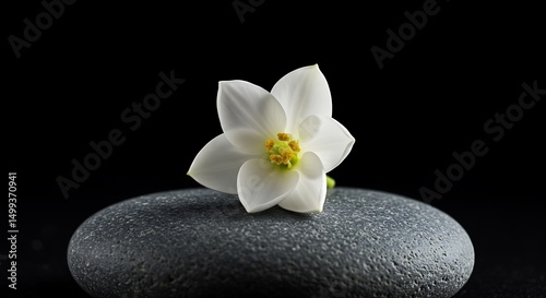 Delicate white flower resting gracefully on a smooth gray stone against black backdrop