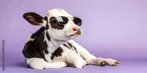 Adorable black and white calf wearing sunglasses, studio shot, purple background, cute farm animal, playful mood, livestock photography, summer vibes, copy space.