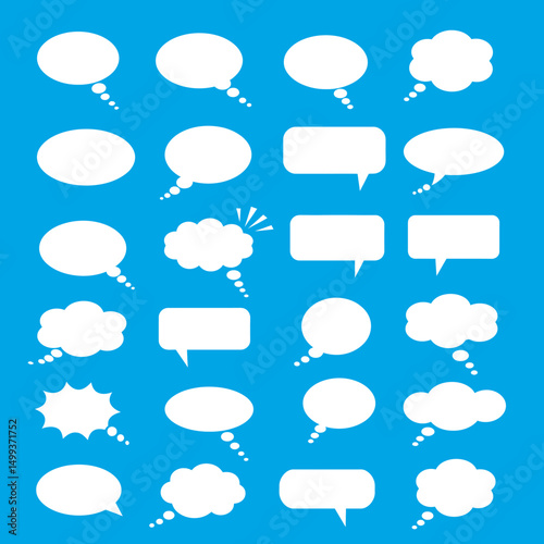 A diverse set of vector speech and thought bubbles, cloud icons, and communication balloons for dialog and chat designs