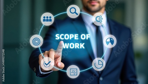 Businessman pointing at a scope of work interface.