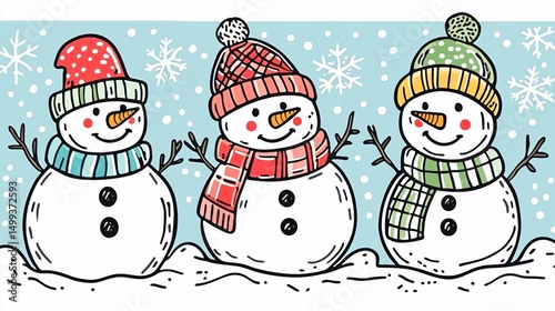 Three cheerful snowmen in winter hats and scarves