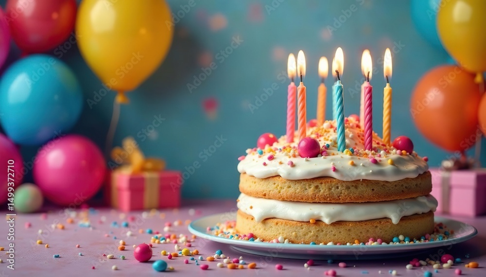 Birthday cake with candles, colorful balloons and presents , birthday wish, sweet, surprise Birthday cake with candles, colorful balloons and presents , birthday wish, sweet, surprise