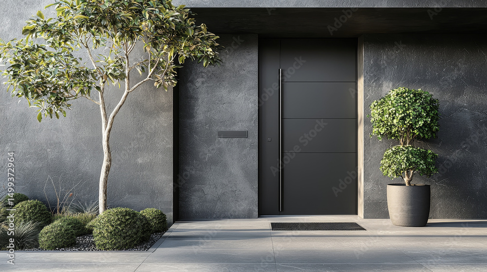 Fototapeta premium Modern entrance, black simple door for a luxury house