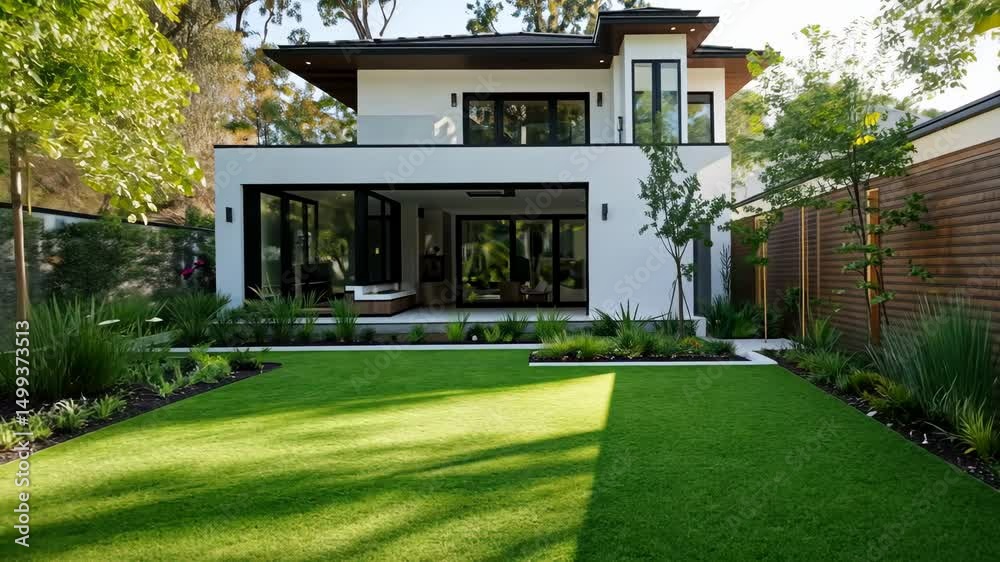 Modern home walkthrough: serene backyard with contemporary architecture and lush greenery Modern home walkthrough: serene backyard with contemporary architecture and lush greenery