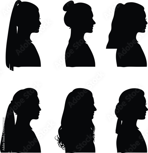 Six Female Silhouettes with Different Hairstyles Profile View