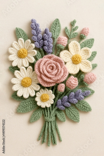 Delicate romantic composition with handmade flower bouquet - crocheted in pastel colors