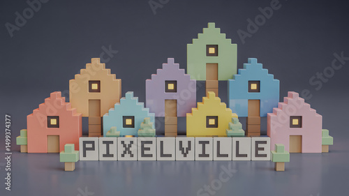Pixelated mini houses in pastels playful voxel display