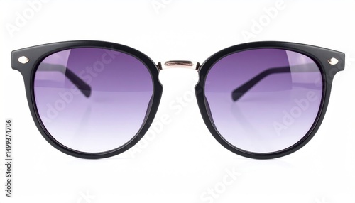 Stylish round sunglasses with purple gradient lenses isolated on white surface
