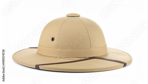 Stylish beige pith helmet on a clean white backdrop ready for new adventures