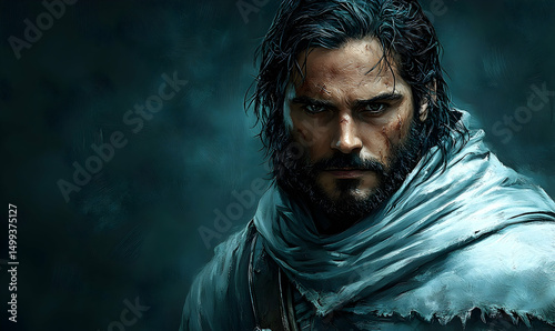 Dark-haired, bearded man in blue-grey scarf, staring intensely. Digital art style