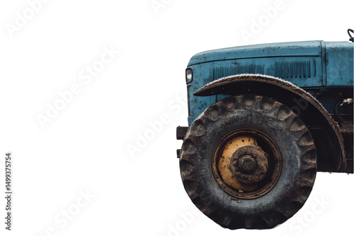Close-up of a vintage tractor's front wheel and hood. Mud-caked tires and weathered paint