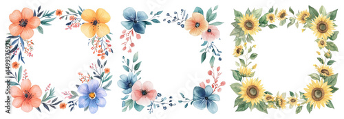 PNG Floral watercolor frames collection, element set on transparent background