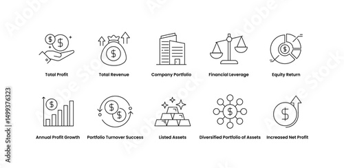 Financial Growth and Metrics. Icons for Profit Analysis, Financial Returns, Strategic KPIs, and Investment Evaluation