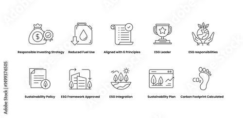 ESG Strategy and Sustainability. Icons for Long-Term ESG Goals, Sustainable Development, Resource Management, and ESG Framework