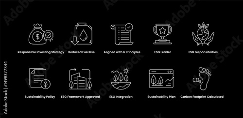 ESG Strategy and Sustainability. Icons for Long-Term ESG Goals, Sustainable Development, Resource Management, and ESG Framework