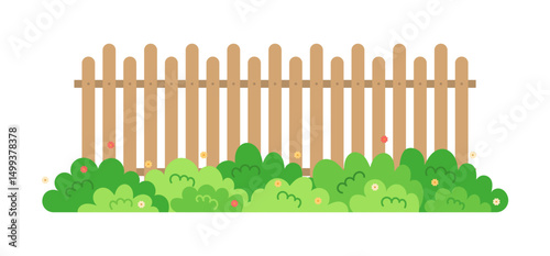 Wooden fence with bush isolated on white background