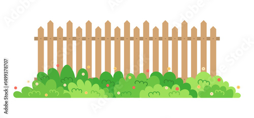 Wooden fence with bush isolated on white background