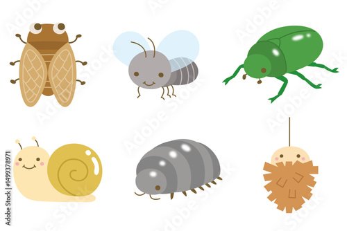 Whimsical Insect Collection: Cicada, Ant, Beetle, Snail, Woodlouse, Cocoon in Flat Cartoon Style with Smiling Faces