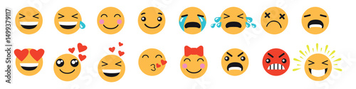 Set of emoji reactions for social media. Emoji reactions. Funny emoticons faces with facial expressions. Vector illustration eps 10