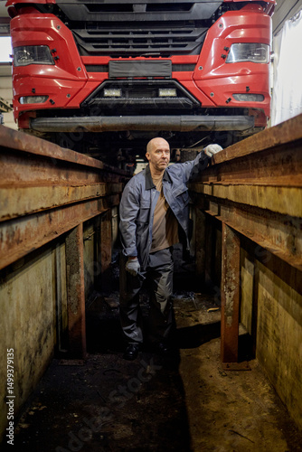Mechanic is standing in repair pit beneath large commercial truck, holding its frame. He is surrounded by industrial equipment and has focused expression while working in garage
