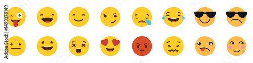 Set of emoji reactions for social media. Emoji reactions. Funny emoticons faces with facial expressions. Vector illustration eps 10