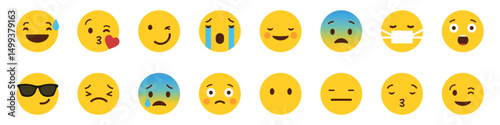 Set of emoji reactions for social media. Emoji reactions. Funny emoticons faces with facial expressions. Vector illustration eps 10