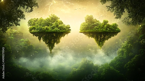 Explorer wanders floating islands with misty atmosphere for surreal landscape of serenity and mystery blending calm nature and dreamlike fantasy concept.