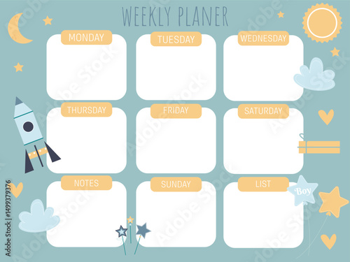 Weekly planner for children with rocket, clouds, moon and stars