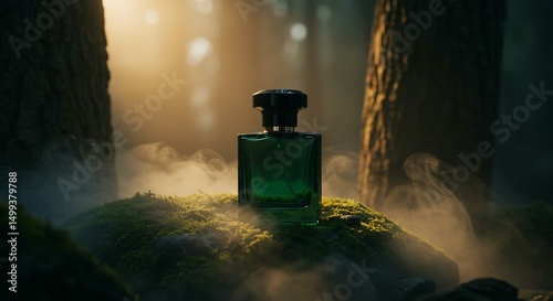 Enchanting forest perfume bottle resting on mossy rock bathed in sunlight, evokes nature's essence.