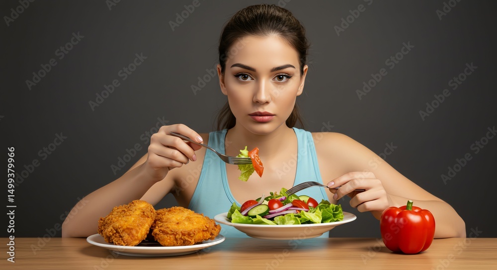 Woman Eating Salad Next to Fried Chicken and Pepper Woman Eating Salad Next to Fried Chicken and Pepper